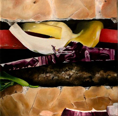 Oil painting of part of a hamburger.