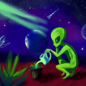 Un extraterrestre sur Mars arrose les plantes