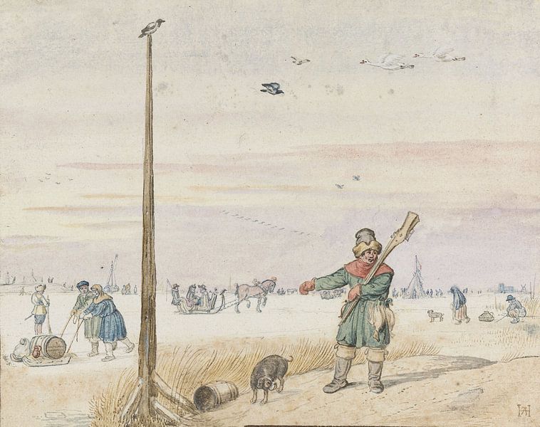 Entenjäger an einer Stange auf dem Eis, Hendrick Avercamp, 1595 - 1634 von Marieke de Koning
