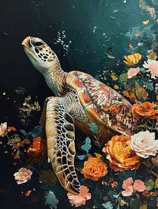 Sierlijke Zeeschildpad in Bloemenzee van Eva Lee