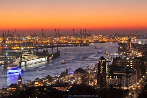 Hamburg harbour at sunset
