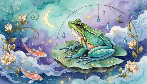 A green, surreal frog on a water lily in a watercolour design featuring koi fish