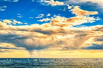 Clouds over the sea with sailboats off Marbella Spain by Dieter Walther