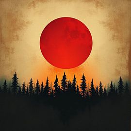 La lune de sang se lève : Silhouette de forêt minimaliste sur fond de ciel cramoisi
