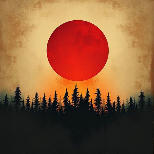 De bloedmaan komt op: Een minimalistisch bos-silhouet tegen een karmijnrode hemel