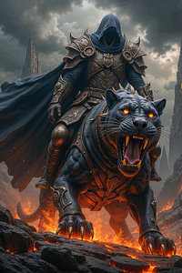 Dark Fantasy Art Wandbild: NEXARON - Der mystische Reiter auf seinem schwarzen Panther