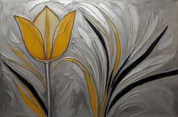 Abstrakte gelbe Tulpe auf silbernem Hintergrund von De Muurdecoratie