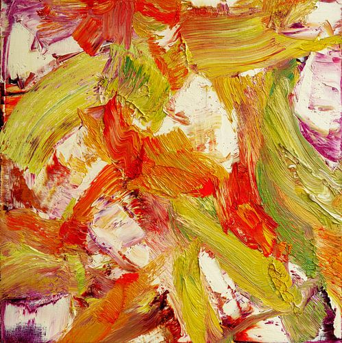 Abstract olieverf schilderij, rood, oranje, geel, groen, paars en wit