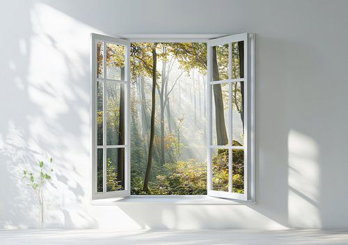 uitzicht vanuit de woonkamer op het boslandschap