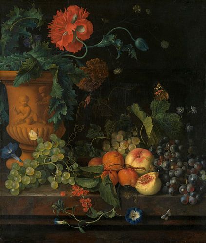 Terracotta Vaas met bloemen en vruchten, Jan van Huijsum