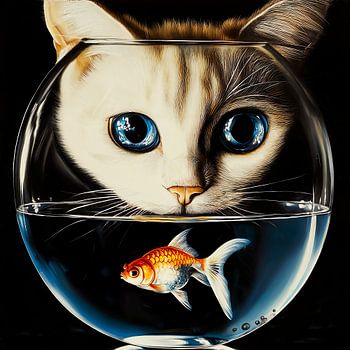 Blue-eyed cat and goldfish