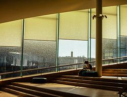 Leestrap & grote ramen – moderne bibliotheek in warm licht | minimalistische interieurkunst