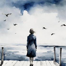 Einsame Frau auf Steg schaut aufs Meer, Aquarell von Kim Karol / Ohkimiko