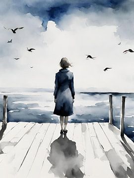 Eenzame vrouw op een steiger met uitzicht op zee, aquarel