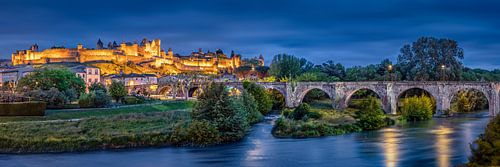 De stad Carcassonne in Frankrijk 's avonds op het blauwe uur