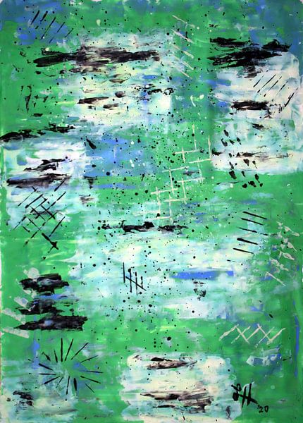 Rasterlijnen op groen-witte en blauwe vierkanten, II van elha-Art