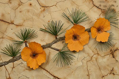 Fleurs minimalistes sur fond craquelé