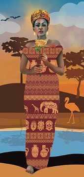 Afrikaanse vrouw met bloem in Afrikaans landschap. van Karen Nijst