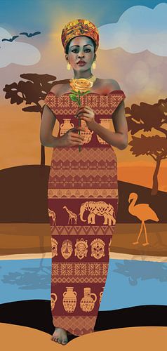 Femme africaine avec une fleur dans un paysage africain. Triptyque P 2