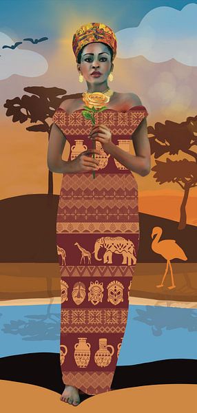 Femme africaine avec une fleur dans un paysage africain. Triptyque P 2 par Karen Nijst