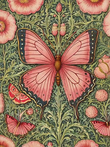 Pink Roses And Butterflies Style William Morris