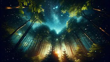 Sparkling starry sky over the forest by artefacti