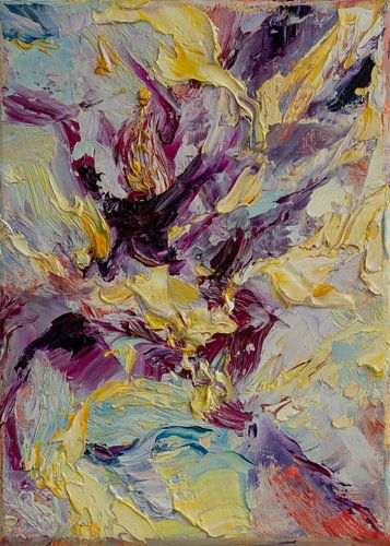 Abstract olieverf schilderij, Kleurenharmonie in paars, geel, goudgeel, blauw, wit en rood van BowiScapes abstract en digitale kunst