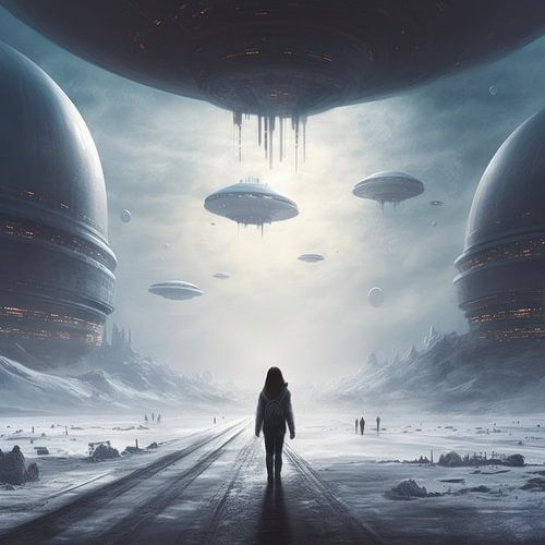 Science fiction planet with space aliens and humans