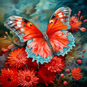 Abstrakter künstlerischer Hintergrund mit leuchtend rotem Pfauenschmetterling auf Chrysanthemen Blüten, im Ölfarben-Design