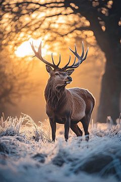 Hert in zonsondergang natuur van Imperial Art House