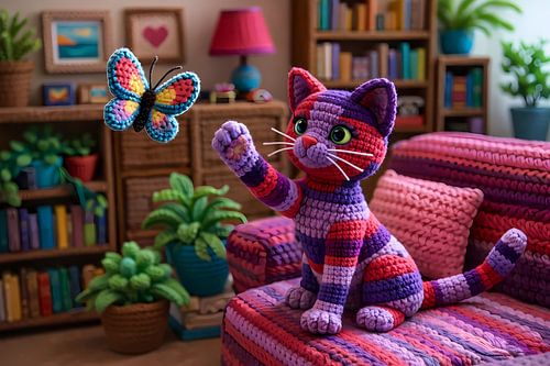 Cheerful crochet cat with butterfly
