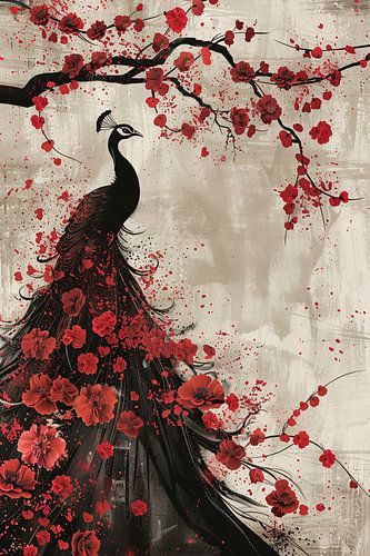 Élégant motif de paon avec des fleurs rouges