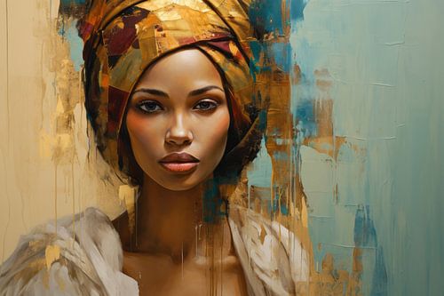 Portrait moderne d'une jeune femme dans les tons orange, bleu et marron