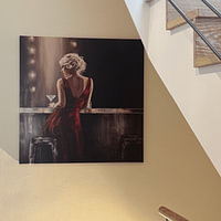 Klantfoto: Lady in Red | Vrouw in Rode Jurk van Lauren Wilde, op canvas