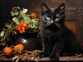 Schwarze Katze mit Blumen im rustikalen Stillleben von Erika Kaisersot