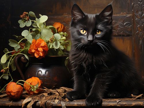 Zwarte kat met bloemen in een rustiek stilleven