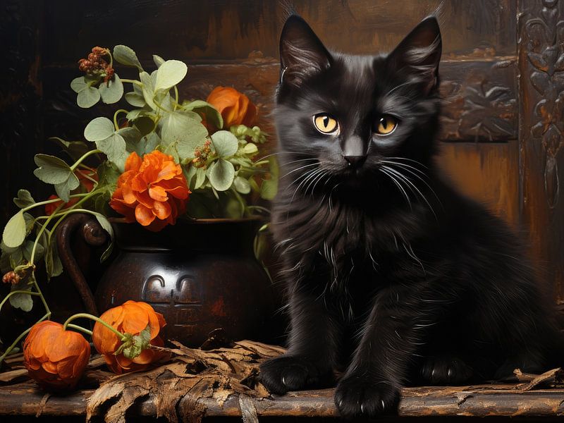 Cute Black Cat and Flowers by Erika Kaisersot