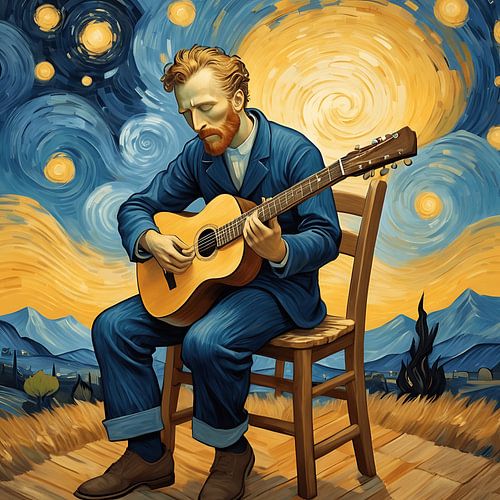 Guitar Player Under the Starry Night – Abstract Emotional Art