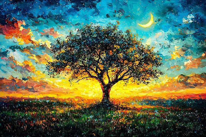 Boom in kleurrijke zonsondergang van Art & Soul Creations