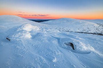 Die schneebedeckten Berge von Pallas-Yllästunturi (Finnland)