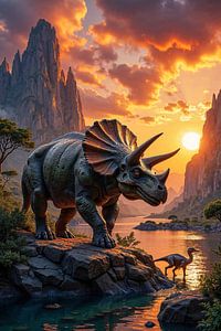 Fantasy Wall Art: CERATONYX - A dinosaur Triceratops in a prehistoric river landscape