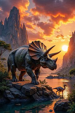 CERATONYX: A dinosaur Triceratops in a prehistoric river landscape by INFERAURUM