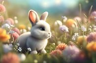 Schattige witte haas in een bloemenweide van Creavasis thumbnail
