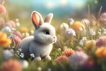 Cute white hare in a flower meadow