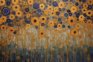Kreisförmige Blumen in Blau und Gold
