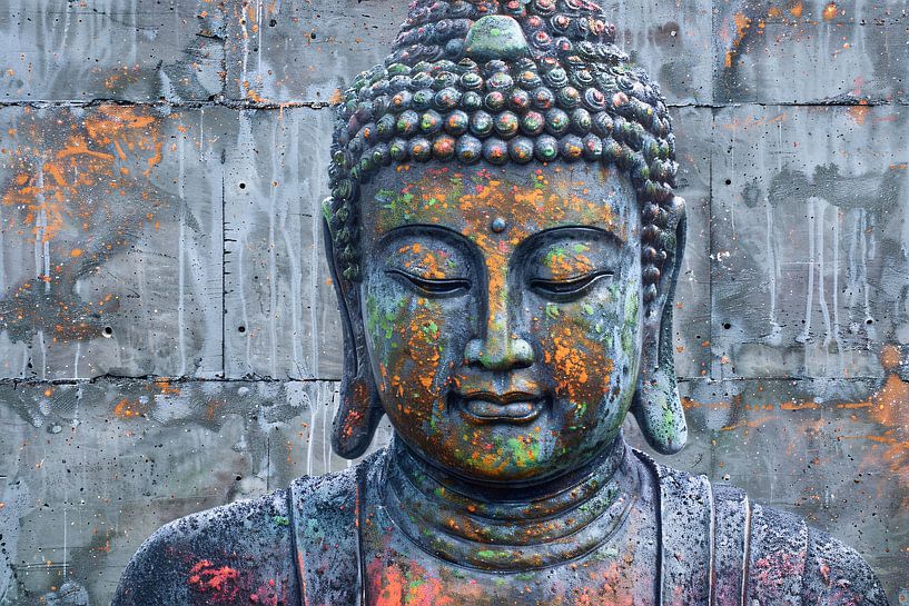 Boeddha Kunstwerk met Kleurrijke Betonnen Achtergrond van Art & Soul Creations