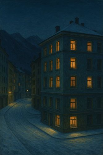 Vensters van warmte in een winterse stad