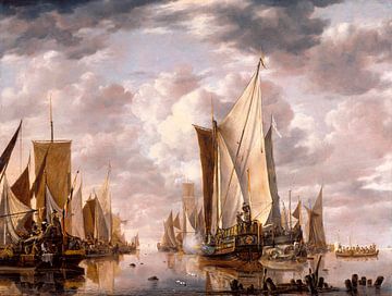 Shipping in a Calm at Flushing with a States General Yacht Firing a Salute, Jan van de Cappelle