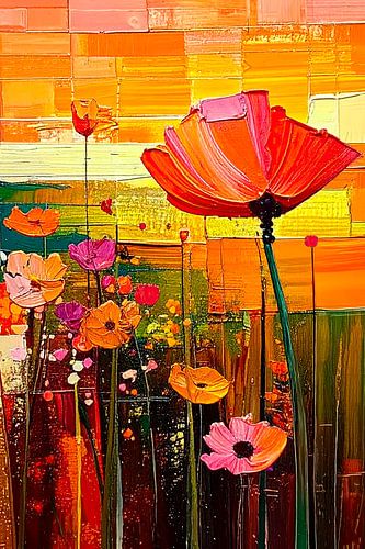 Champ de fleurs estival : coquelicots colorés à la texture brillante