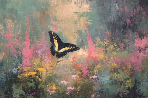 Vlinder boven wilde bloementuin